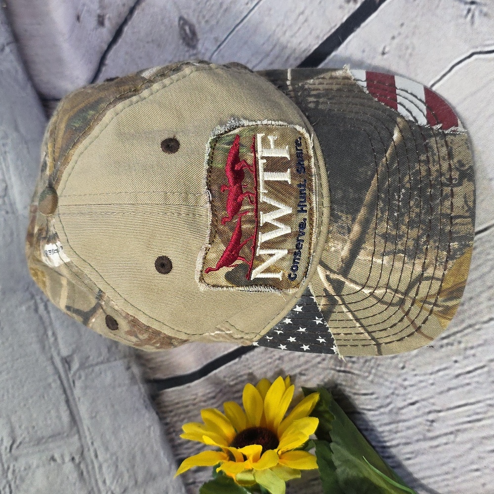 NWTF Adjustable Comittee Ball Cap tan, Real Tree, flag detail, red, blue